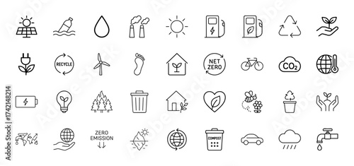 Environmental sustainability icon set. Vector pictograms of solar panel, wind turbine, recycling, eco-car, lightbulb, plant, CO2 cloud, net zero, and melting iceberg, thin linear illustration.