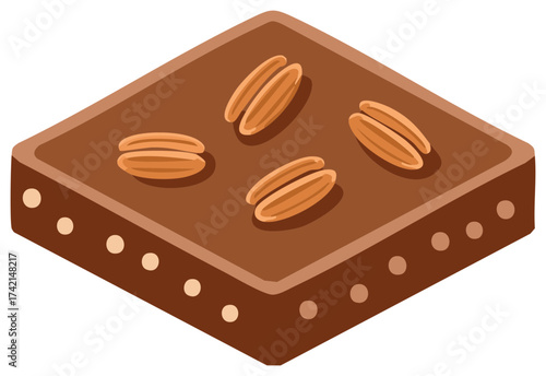 Isometric illustration of a delicious chocolate brownie with pecan nuts on top