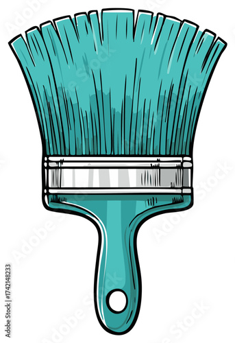 Vibrant teal paintbrush with fanned bristles in a hand drawn cartoon vector style