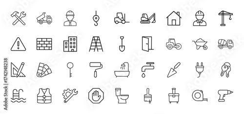 Construction line icon set. Vector pictograms of tools, vehicles, workers, and building elements, thin linear illustration.