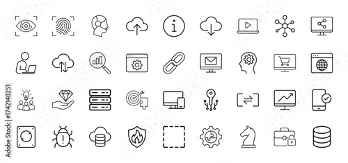 Technology, data, and business icon set. Vector pictograms of eye scan, fingerprint, cloud, network, servers, analytics, security, shopping, laptop, firewall, thin linear illustration.