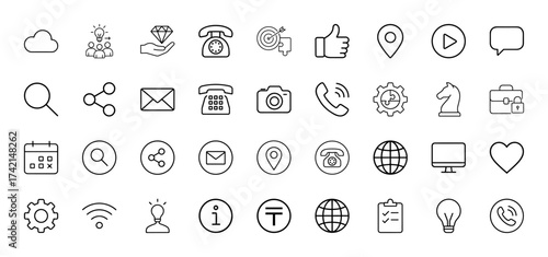 General line icon set. Vector pictograms of cloud, share, mail, phone, camera, location, globe, heart, gear, lightbulb, calendar, search, thin linear illustration.