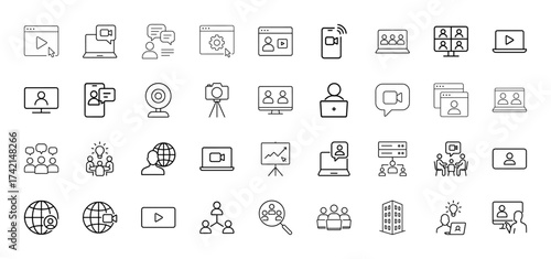 Communication technology line icon set. Vector pictograms of video calls, online meetings, webinars, remote work, chat, presentations, and global collaboration, thin linear illustration.
