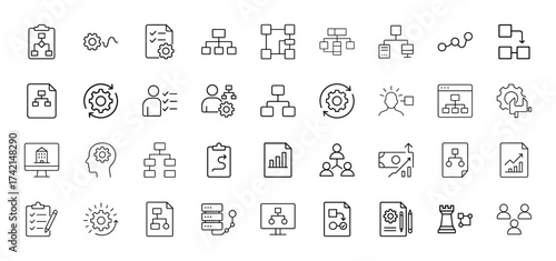 Business process line icon set. Vector pictograms of organizational charts, gears, documents, checklists, people, and data flow, thin linear illustration.
