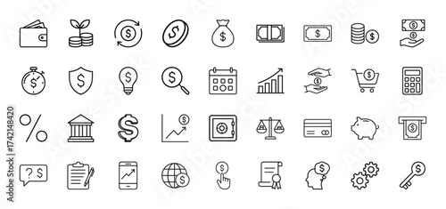 Finance line icon set. Vector pictograms of wallet, money, growth charts, calculator, bank, safe, and credit card, thin linear illustration.