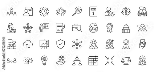 Business management line icon set. Vector pictograms of teams, strategy, documents, finance, communication, and administration, thin linear illustration.