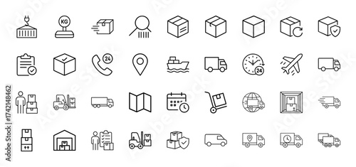 Logistics line icon set. Vector pictograms of parcels, delivery trucks, ships, airplanes, warehouses, scales, and forklifts, thin linear illustration.