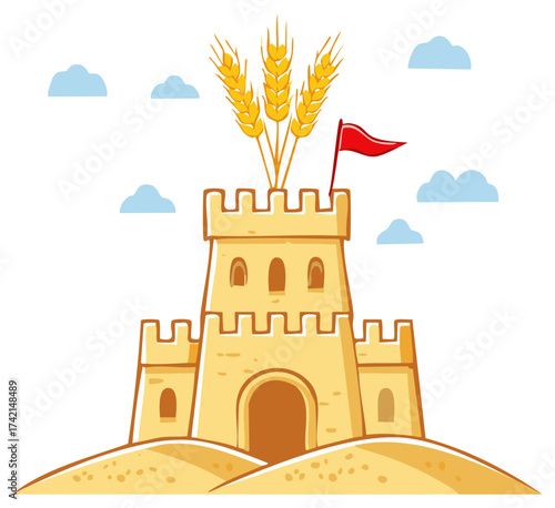 Cartoon sandcastle with golden ears of wheat and a red flag symbolizing agriculture