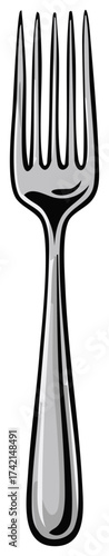An illustrated four-pronged shiny metal dining fork for eating meals in a simple cartoon style