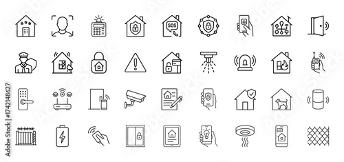 Smart home security line icon set. Vector pictograms of smart locks, CCTV cameras, alarms, motion sensors, and home automation systems, thin linear illustration.