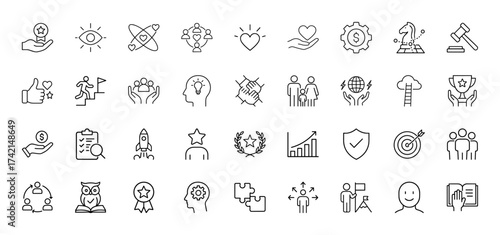 Business and human resources line icon set. Vector pictograms of team, vision, heart, strategy, progress, idea, globe, trophy, rocket, chart, shield, and owl, thin linear illustration.