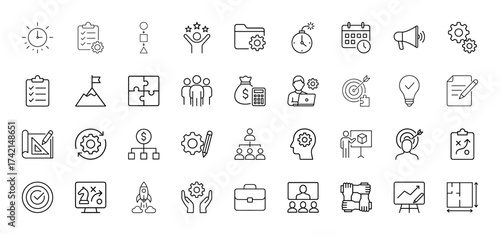 Business strategy line icon set. Vector pictograms of planning, strategy, goal, teamwork, innovation, analysis, time, success, and development, thin linear illustration.