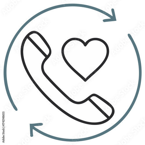 Love phone support icon surrounded by a blue circle and arrows
