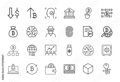 Cryptocurrency, blockchain, and finance line icon set. Vector pictograms of market trends, assets, security, data, and technology elements, thin linear illustration.