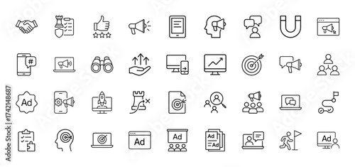Marketing and advertising line icon set. Vector pictograms of handshake, megaphone, target, analytics, smartphone, rocket, growth, strategy, and audience, thin linear illustration.