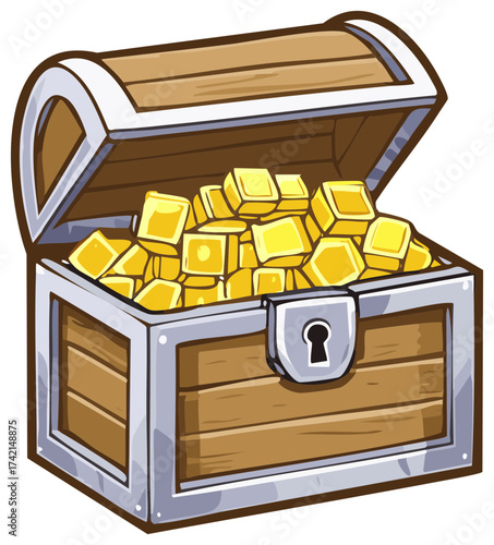 Open treasure chest overflowing with shiny gold bullion bars and a vintage lock