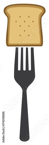 Slice of bread impaled on a dark fork symbolizing food preparation and consumption