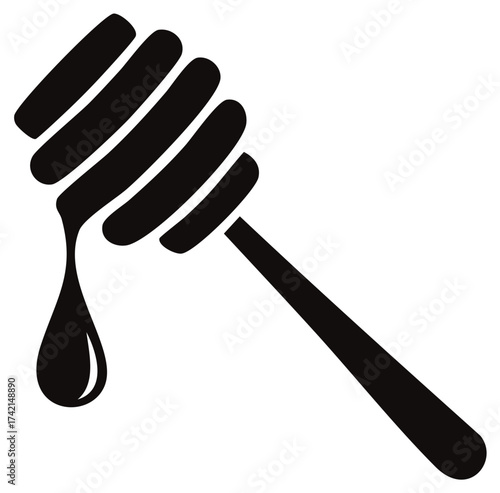 Simple black icon of a honey dipper dripping a single drop of natural sweet golden liquid