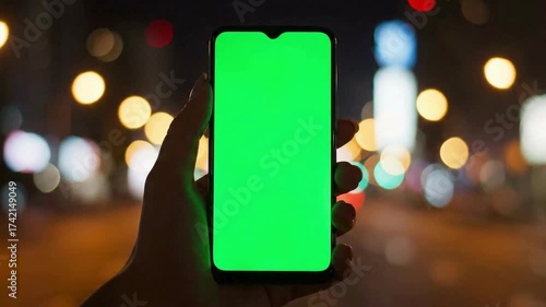 A hand holding a smartphone with a green screen in front of a blurred city background at night.