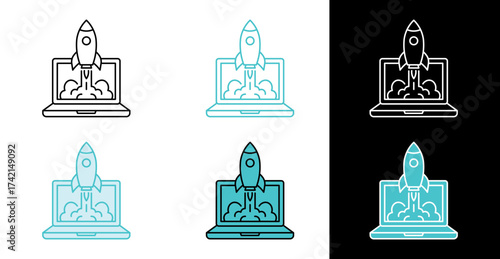 Laptop rocket launch icon for startup business and digital product growth in line and fill style