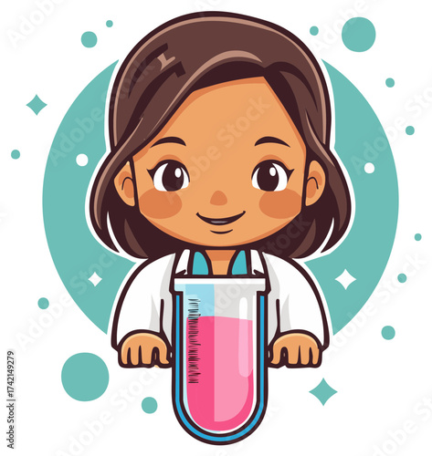 Smiling cute cartoon scientist character in lab coat holding large test tube
