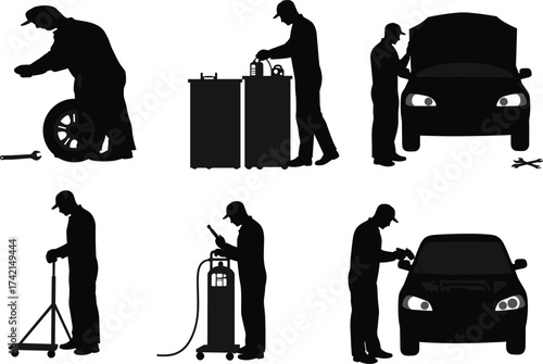 Automotive mechanic silhouettes, car repair service, vehicle maintenance workers, engine inspection, tire change, battery check, diagnostic tools, professional auto workshop illustration