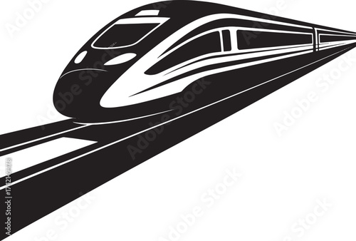 Black and white graphic illustration of a high speed train on tracks bullet train transportation