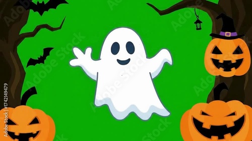 Cartoon ghost with jack-o'-lanterns and bats on a green screen background, perfect for Halloween themed projects.