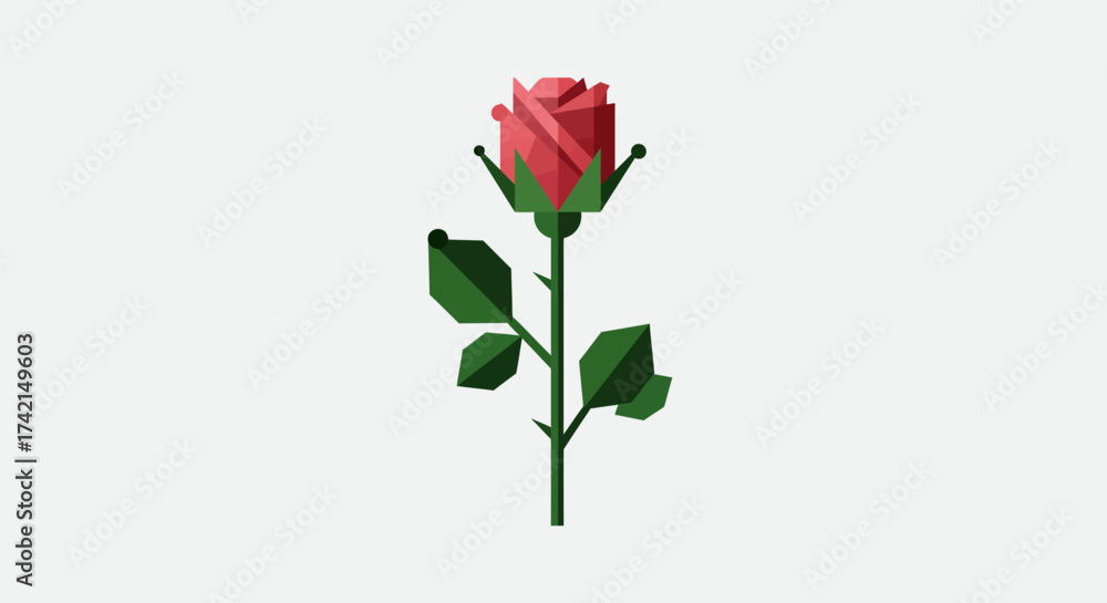 Fototapeta premium Geometric Rose Illustration with Stem and Leaves on White Background.