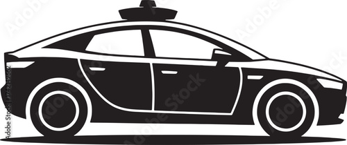 Black and white graphic illustration of a sedan taxi cab with a rooftop light vehicle transportation