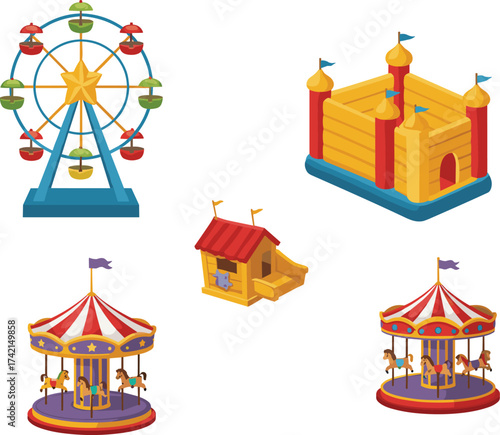 Amusement park illustration, Ferris wheel, carousel, inflatable castle, ticket booth, hand-drawn vector, colorful fairground elements, white background, entertainment concept
