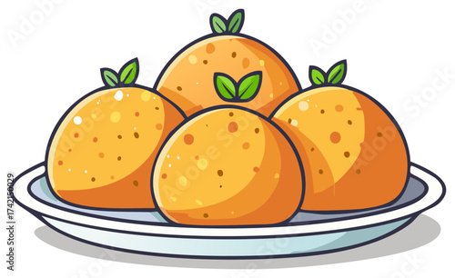 Sweet Laddu Balls Cartoon Illustration on Plate Traditional Dessert Food