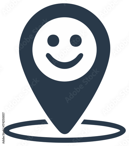 Location Pin Point Smiley Face Icon, Navigation Marker with Cheerful Expression, Map Pointer with Happy Emoji, Vector Illustration