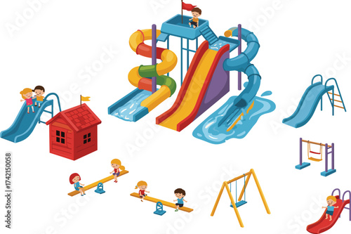 Playground illustration with children, colorful slides, swings, seesaws, playhouse, outdoor activity scene, hand-drawn vector, white background, recreational concept