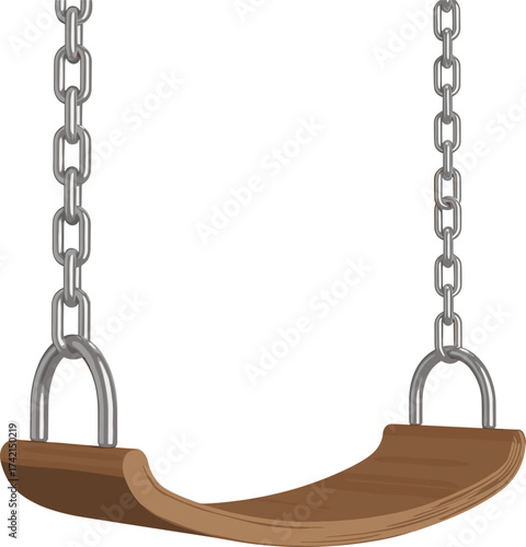 Wooden swing illustration, metal chain suspension, playground equipment vector, ergonomic seat design, hand-drawn style, white background, outdoor recreation concept