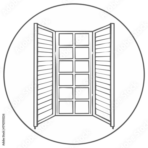 Open Window Illustration with Shutters Line Art in Circle. Architecture Element. Exterior Design