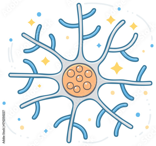 Stylized neuron cell with dendrites and axon representing brain science and nervous system function