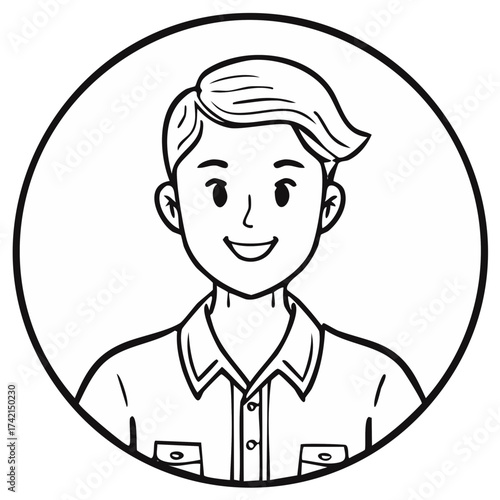 Friendly cartoon man with a stylish haircut and open collar shirt smiling in a circle