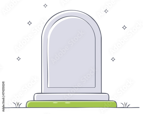 Cartoon gravestone on green grass with sparkling stars, memorial concept