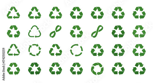 Collection of Universal Recycling Symbols and Infinity Loops Representing Sustainability and Environmental Responsibility
