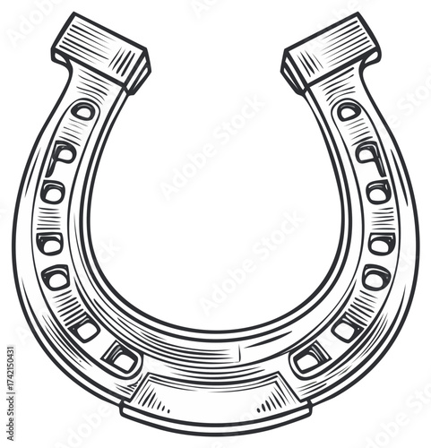 Classic horseshoe symbol illustration representing luck and fortune traditional engraving style graphic drawing