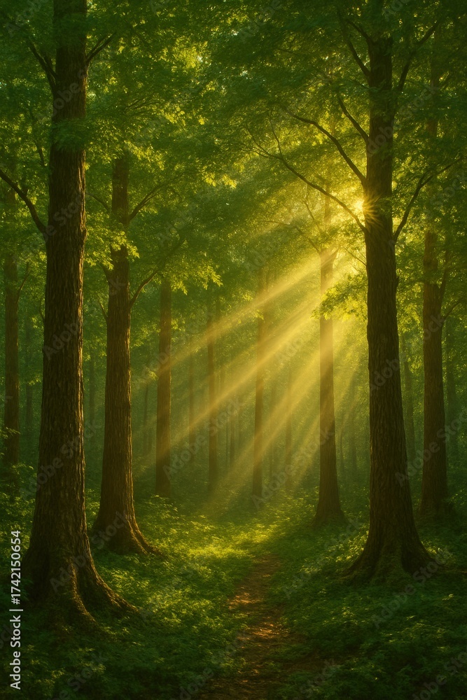 Obraz premium Sunlight streams through a vibrant green forest, illuminating the woodland path.