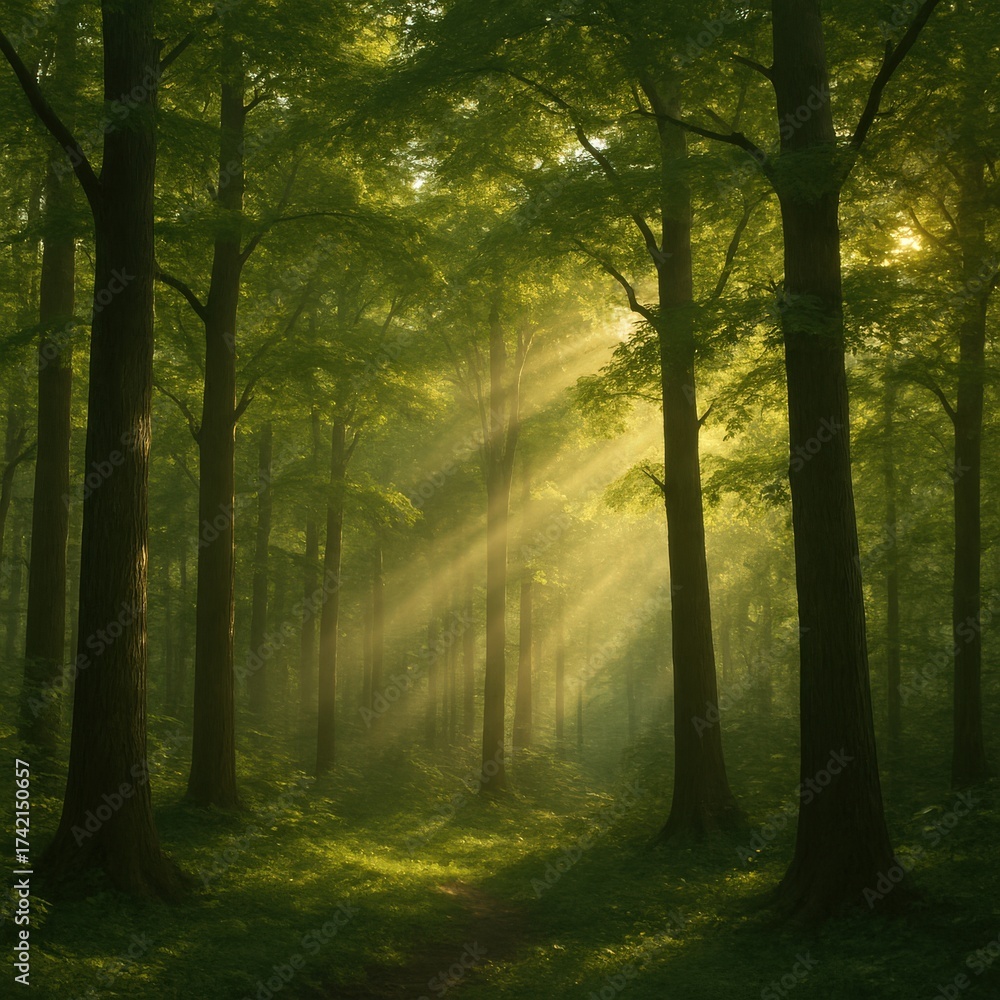 Obraz premium Sunlight filters through the canopy, illuminating a vibrant green forest floor.