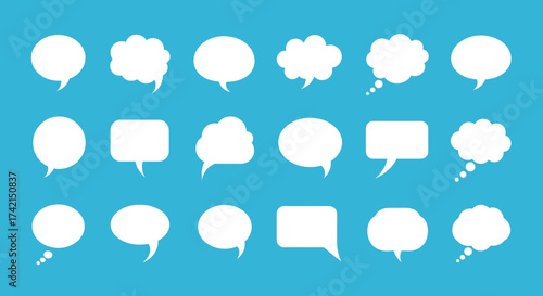 A Collection of Diverse White Speech Bubbles and Thought Bubbles Arranged on a Vibrant Blue Background Providing Multiple Communication Icons