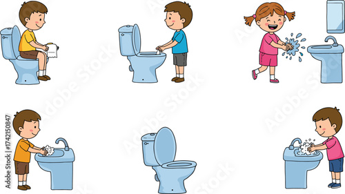 Cartoon hygiene illustration, children using toilet, washing hands with soap, bathroom routine concept, hand-drawn vector, health education, white background