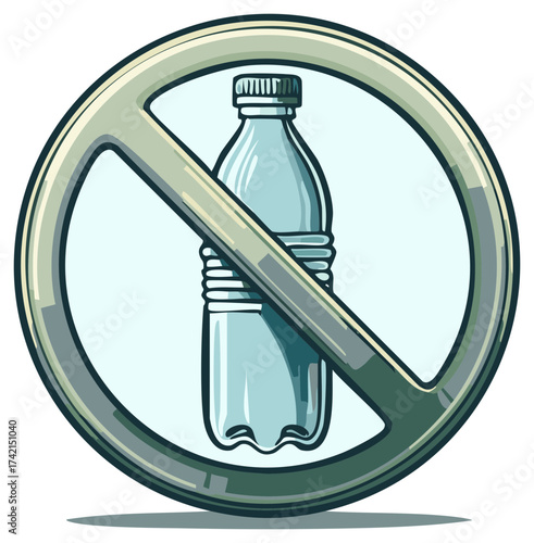 Banned plastic bottle emblem concept, representing no disposable water bottles or waste reduction for environmental protection