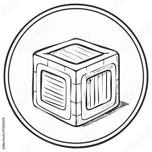 Hand-drawn wooden crate icon in a circle, sketched shipping container symbol
