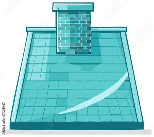 Simple cartoon illustration of a house rooftop with teal tiles and a brick chimney