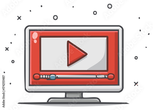 Doodle style illustration of a computer monitor with an online video player on the screen
