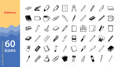 Stationery Line Icon Set — Office and School Supplies Editable Stroke Vector